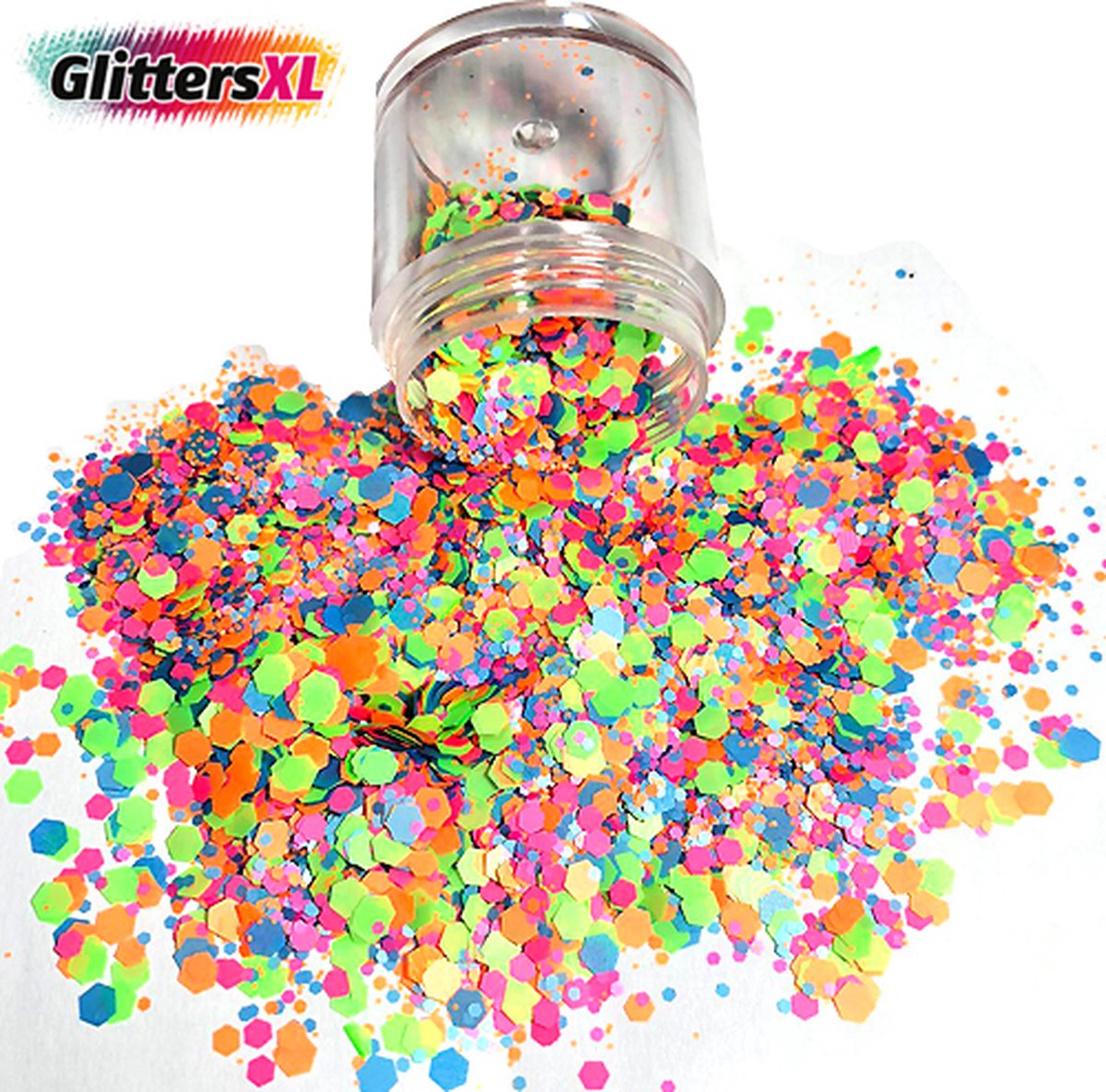 GlittersXL - Chunky Glitters (Regenboog rainbow Hexagon) [Volume 8g - Festival Jewels Glitter Outfit Lichaam en Gezicht - Make-up Diamond Dots Face Body - Diamantjes Strass Steentjes Gay Pride - Kinderen Volwassenen Dames Makeup Tattoo]